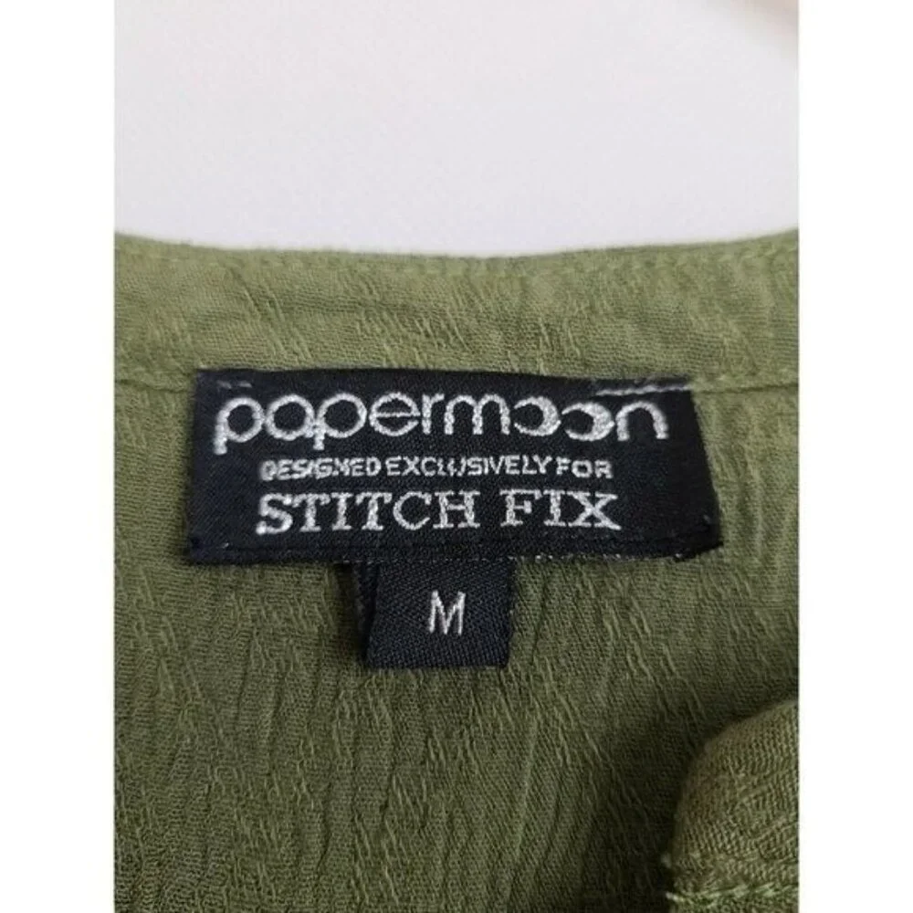 Paper Moon Stitch Fix Womens BOHO Top Medium‎ Olive Green 3/4 Sleeve Casual